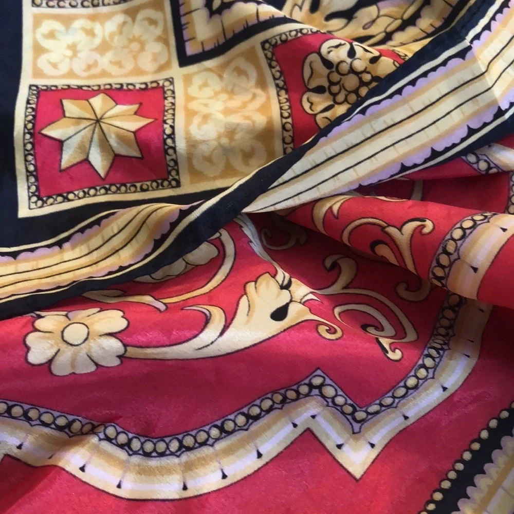 Italian design navy pink & gold tone silk scarf